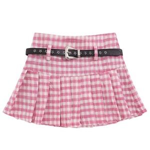 Stylish Pink Checkered Mini Skirt with Belt